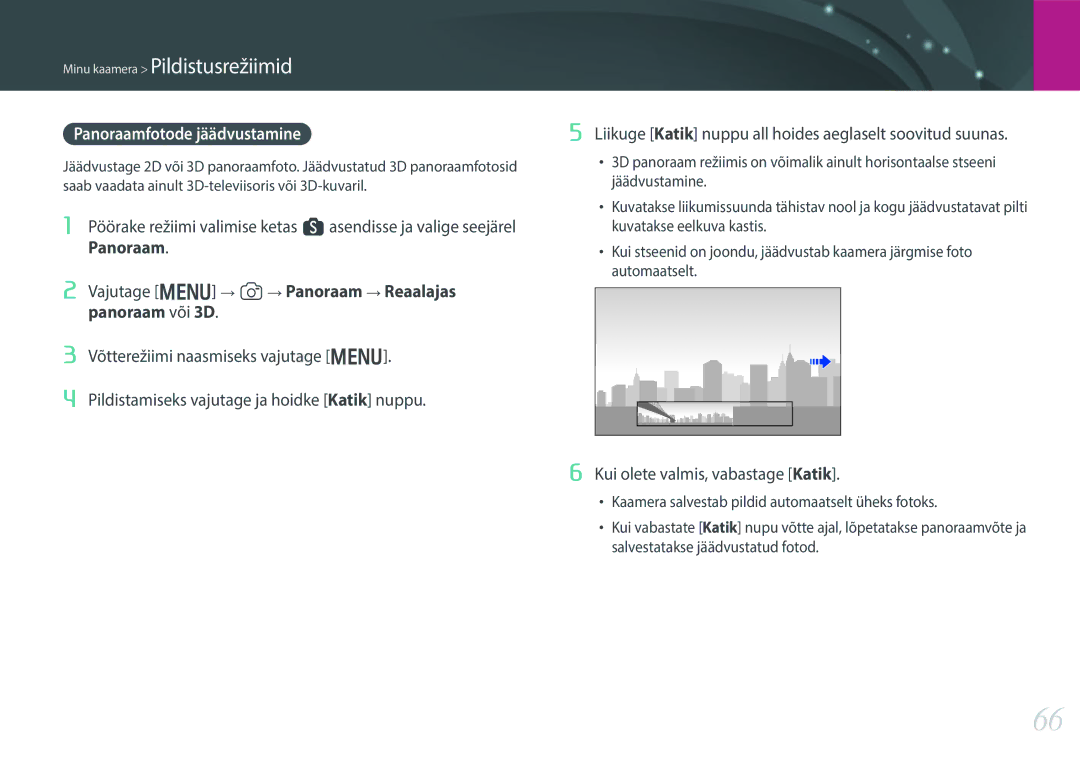 Samsung EV-NX300ZBPULV, EV-NX300ZBQUDE, EV-NX300ZBQULV manual Panoraamfotode jäädvustamine, Kui olete valmis, vabastage Katik 