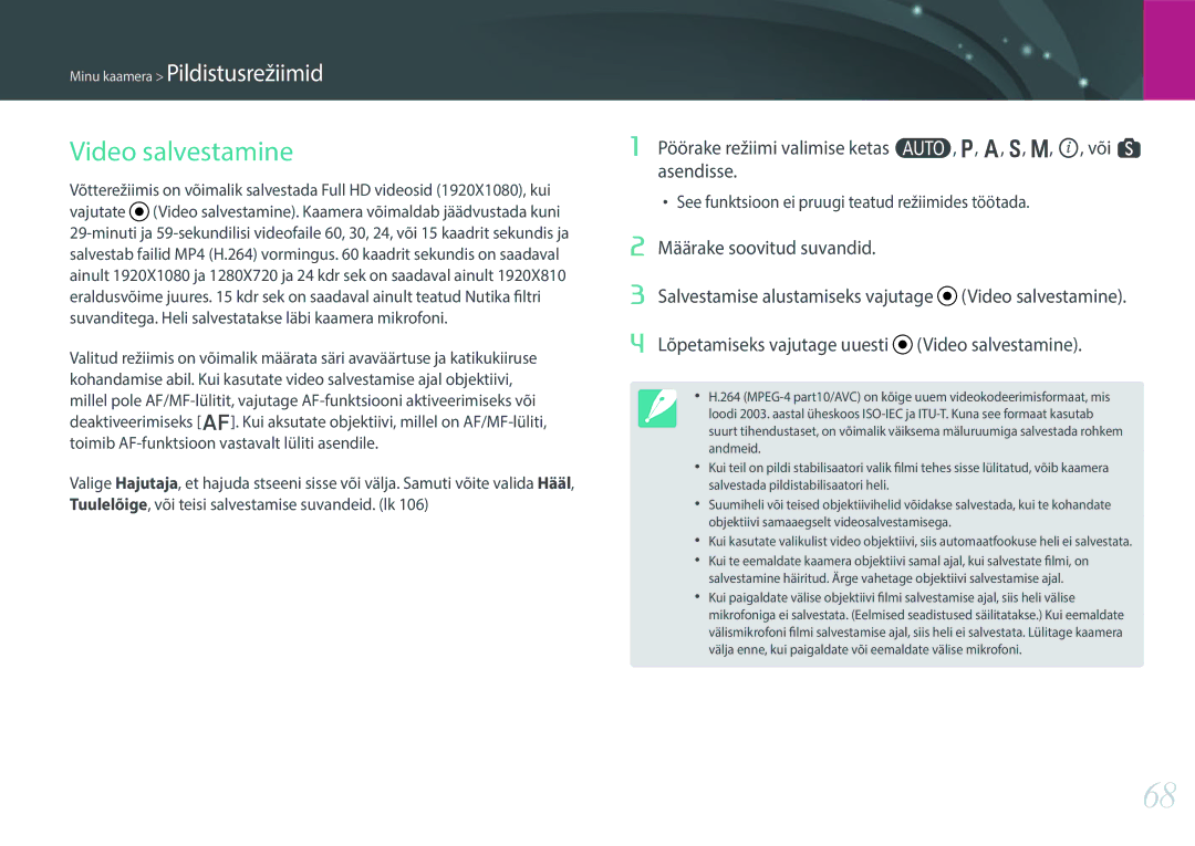 Samsung EV-NX300ZBQULV, EV-NX300ZBQUDE, EV-NX300ZBSTLV, EV-NX300ZBPULV manual Video salvestamine 