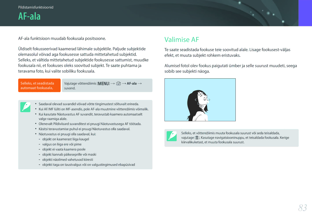 Samsung EV-NX300ZBQUDE, EV-NX300ZBQULV, EV-NX300ZBSTLV manual Valimise AF, AF-ala funktsioon muudab fookusala positsoone 