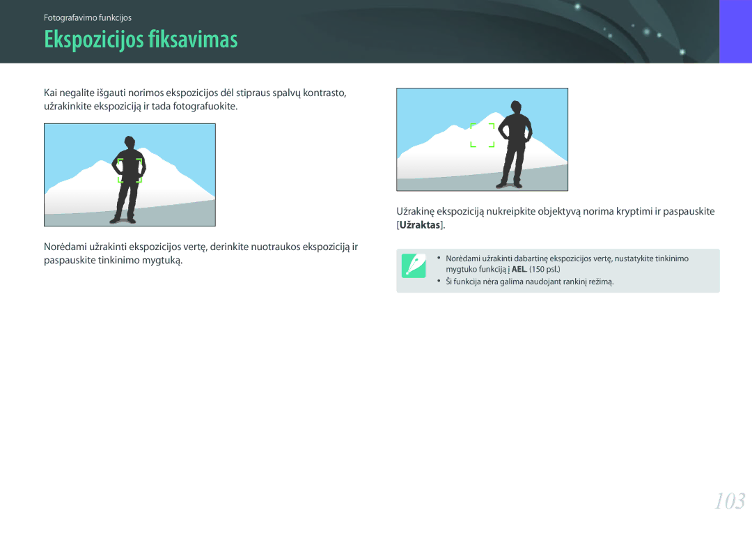 Samsung EV-NX300ZBQUDE, EV-NX300ZBQULV, EV-NX300ZBSTLV, EV-NX300ZBPULV manual Ekspozicijos fiksavimas, 103 
