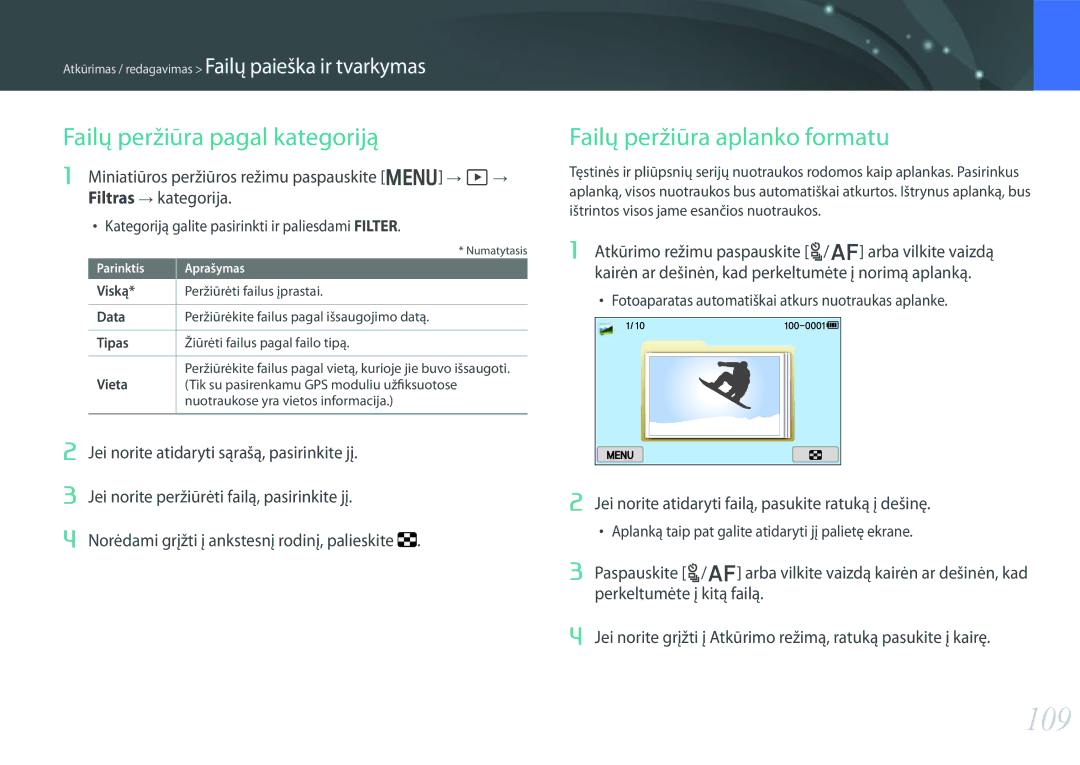 Samsung EV-NX300ZBSTLV, EV-NX300ZBQUDE, EV-NX300ZBQULV 109, Failų peržiūra pagal kategoriją, Failų peržiūra aplanko formatu 