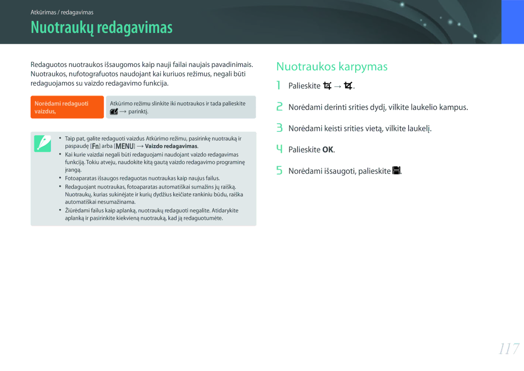 Samsung EV-NX300ZBSTLV, EV-NX300ZBQUDE, EV-NX300ZBQULV, EV-NX300ZBPULV manual Nuotraukų redagavimas, 117, Nuotraukos karpymas 