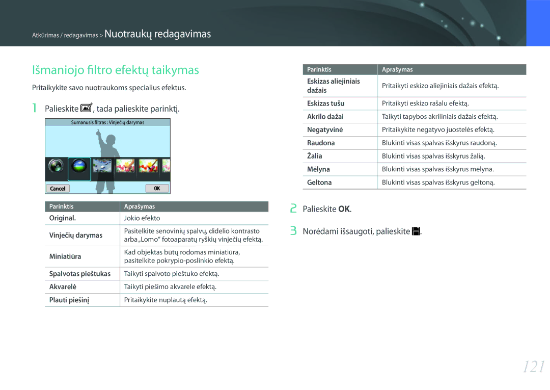 Samsung EV-NX300ZBSTLV, EV-NX300ZBQUDE manual 121, Išmaniojo filtro efektų taikymas, Palieskite , tada palieskite parinktį 
