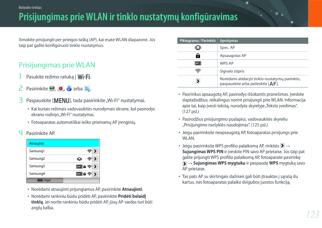 Samsung EV-NX300ZBQUDE, EV-NX300ZBQULV, EV-NX300ZBSTLV 123, Prisijungimas prie Wlan, Pasirinkite AP, Spec. AP Apsaugotas AP 