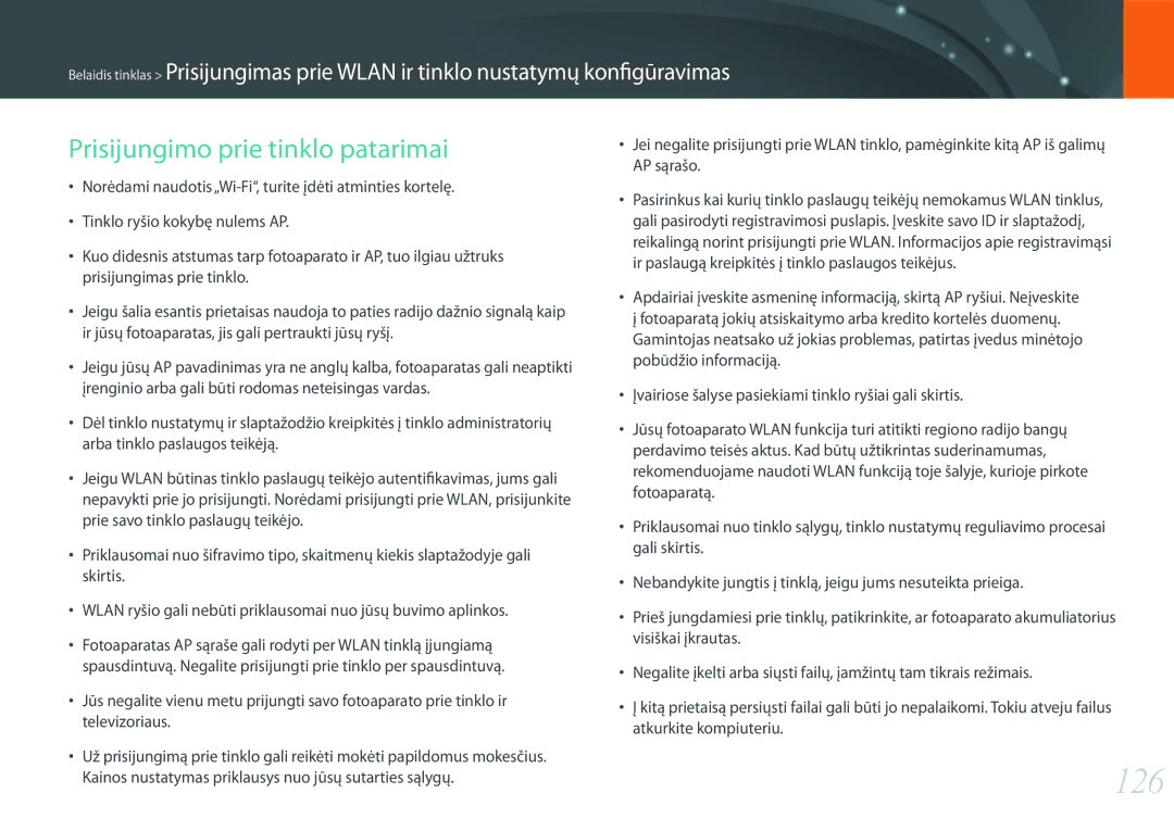 Samsung EV-NX300ZBPULV, EV-NX300ZBQUDE, EV-NX300ZBQULV, EV-NX300ZBSTLV manual 126, Prisijungimo prie tinklo patarimai 