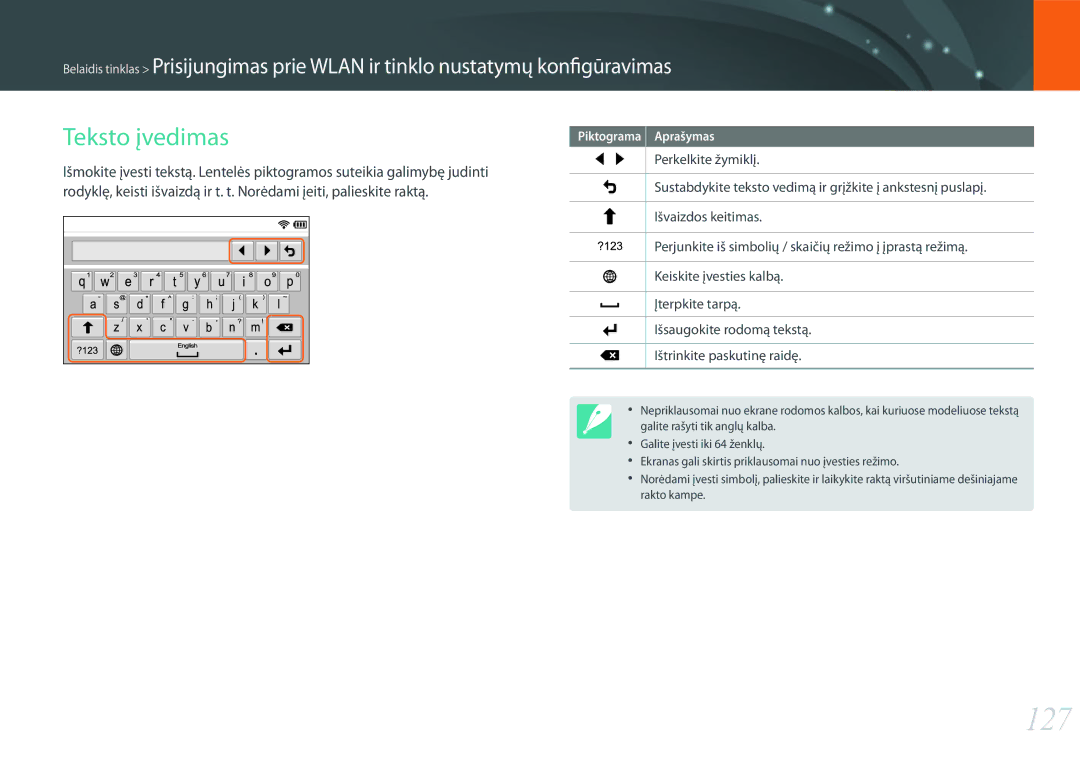 Samsung EV-NX300ZBQUDE, EV-NX300ZBQULV, EV-NX300ZBSTLV, EV-NX300ZBPULV manual 127, Teksto įvedimas 