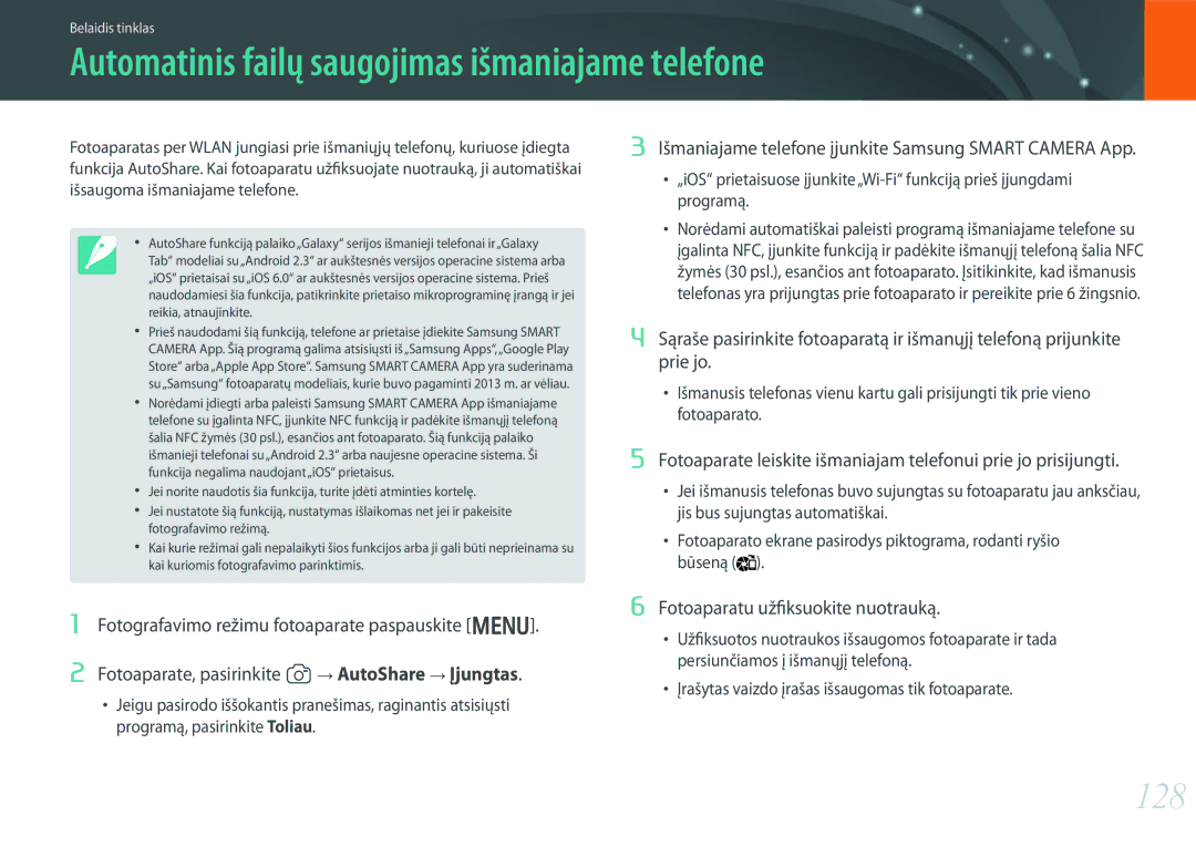 Samsung EV-NX300ZBQULV, EV-NX300ZBQUDE, EV-NX300ZBSTLV manual Automatinis failų saugojimas išmaniajame telefone, 128 