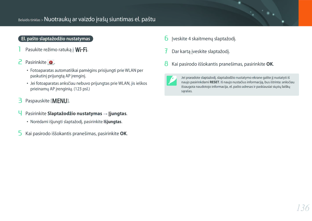 Samsung EV-NX300ZBQULV, EV-NX300ZBQUDE, EV-NX300ZBSTLV, EV-NX300ZBPULV manual 136, El. pašto slaptažodžio nustatymas 