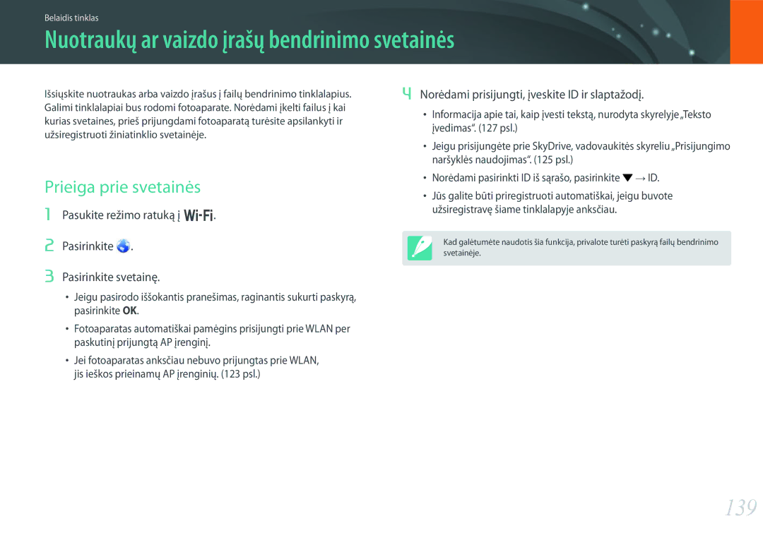 Samsung EV-NX300ZBQUDE, EV-NX300ZBQULV manual Nuotraukų ar vaizdo įrašų bendrinimo svetainės, 139, Prieiga prie svetainės 