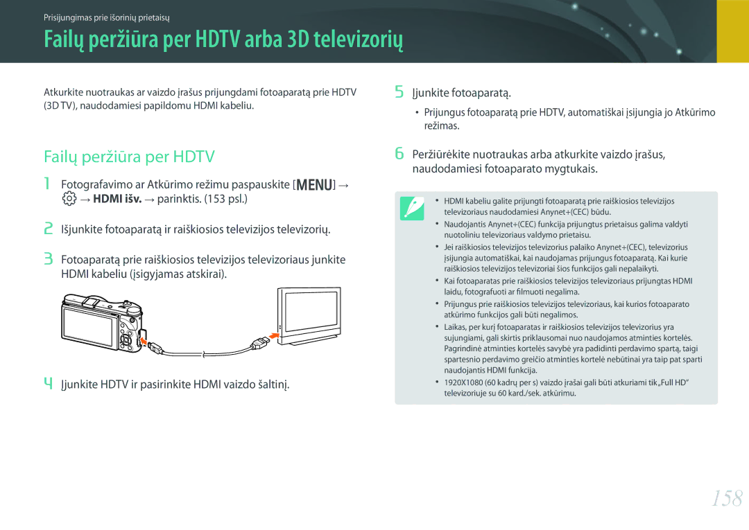 Samsung EV-NX300ZBPULV, EV-NX300ZBQUDE manual Failų peržiūra per Hdtv arba 3D televizorių, 158, Įjunkite fotoaparatą 