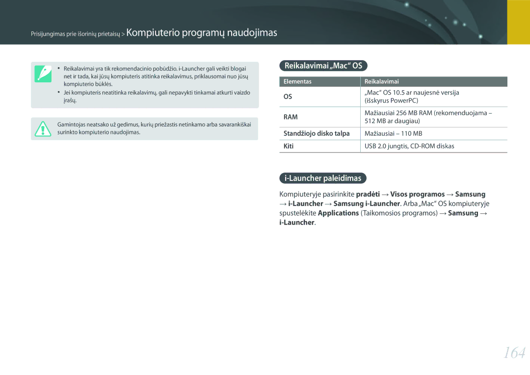 Samsung EV-NX300ZBQULV, EV-NX300ZBQUDE manual 164, Reikalavimai„Mac OS, Launcher paleidimas, Standžiojo disko talpa 