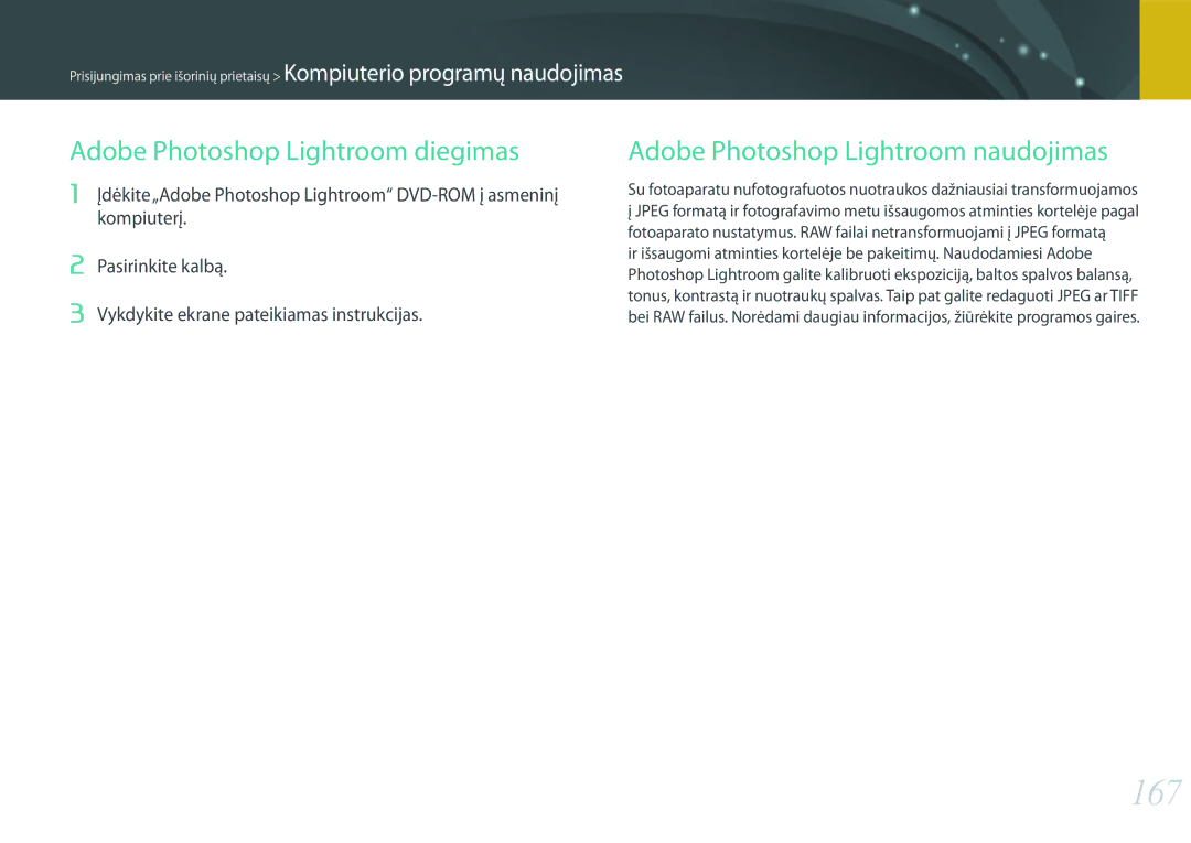 Samsung EV-NX300ZBQUDE, EV-NX300ZBQULV manual 167, Adobe Photoshop Lightroom diegimas, Adobe Photoshop Lightroom naudojimas 
