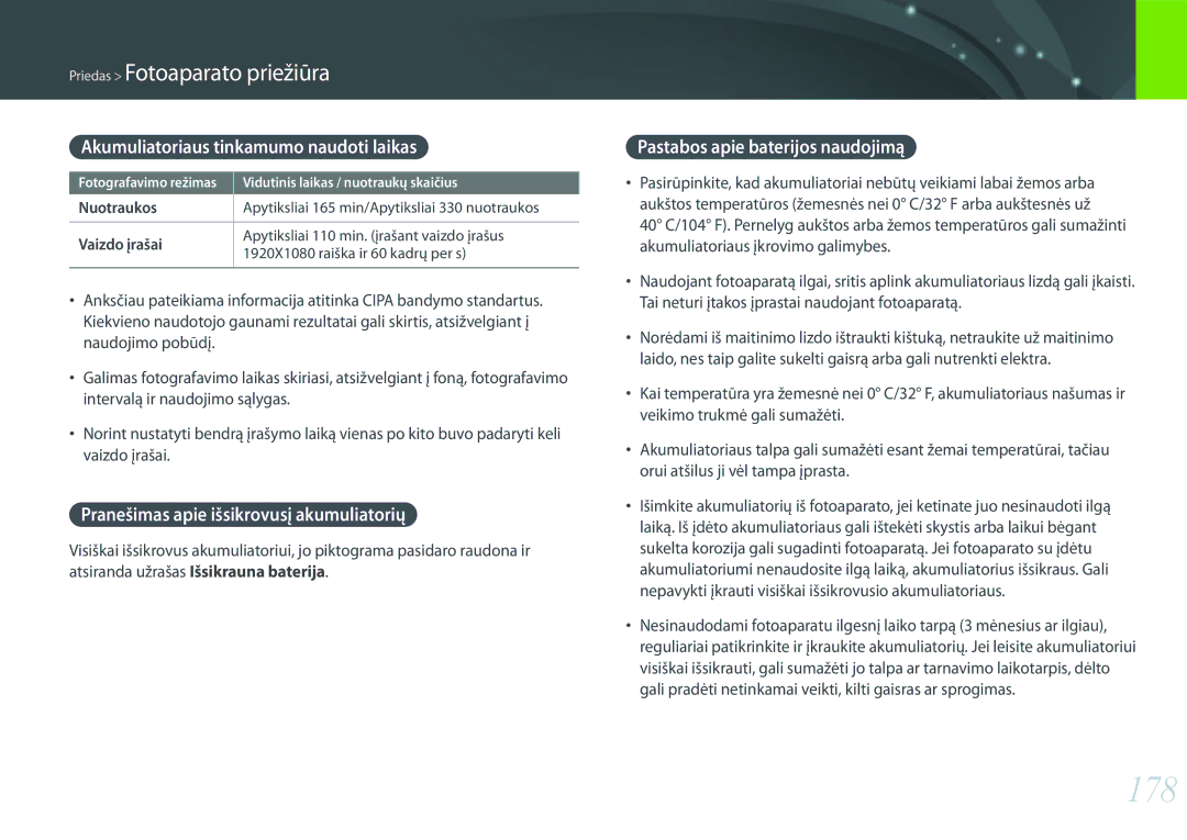 Samsung EV-NX300ZBPULV manual 178, Akumuliatoriaus tinkamumo naudoti laikas, Pranešimas apie išsikrovusį akumuliatorių 