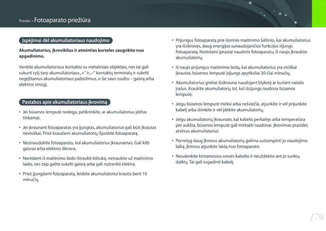 Samsung EV-NX300ZBQUDE manual 179, Įspėjimai dėl akumuliatoriaus naudojimo, Pastabos apie akumuliatoriaus įkrovimą 