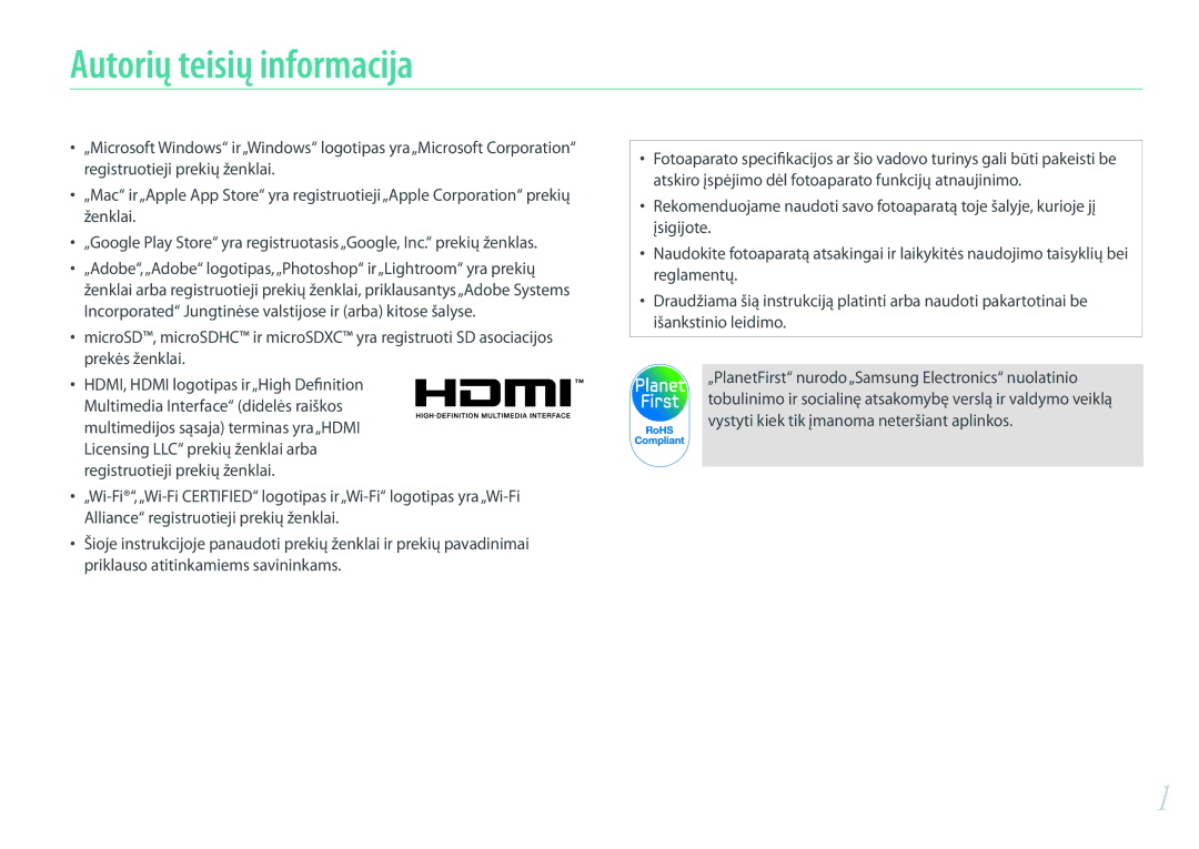 Samsung EV-NX300ZBSTLV, EV-NX300ZBQUDE, EV-NX300ZBQULV, EV-NX300ZBPULV manual Autorių teisių informacija 