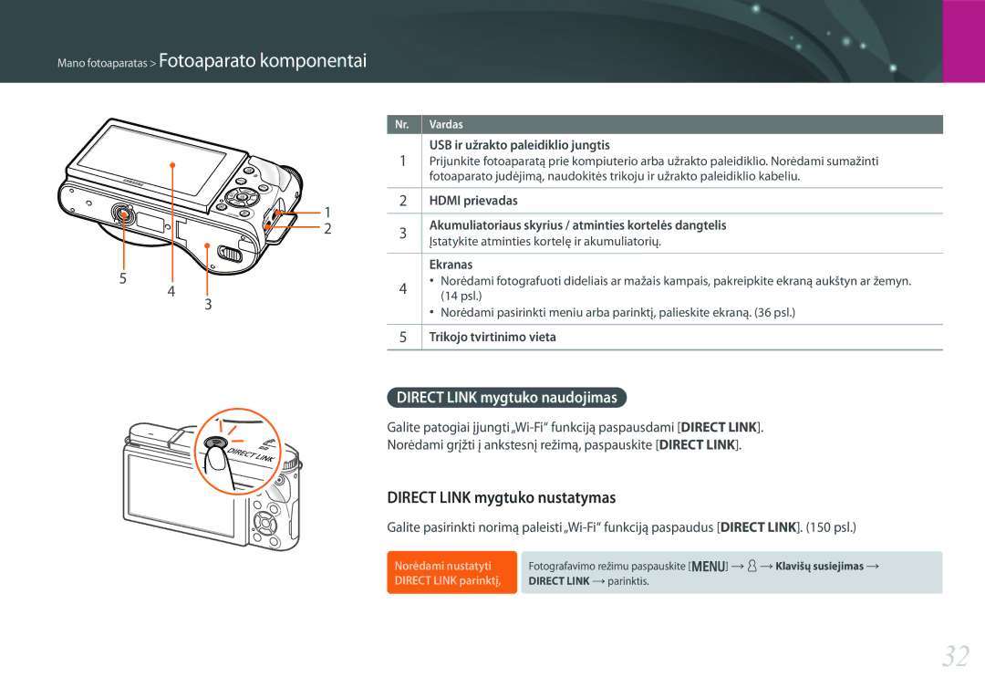 Samsung EV-NX300ZBQULV, EV-NX300ZBQUDE, EV-NX300ZBSTLV manual Direct Link mygtuko nustatymas, Direct Link mygtuko naudojimas 