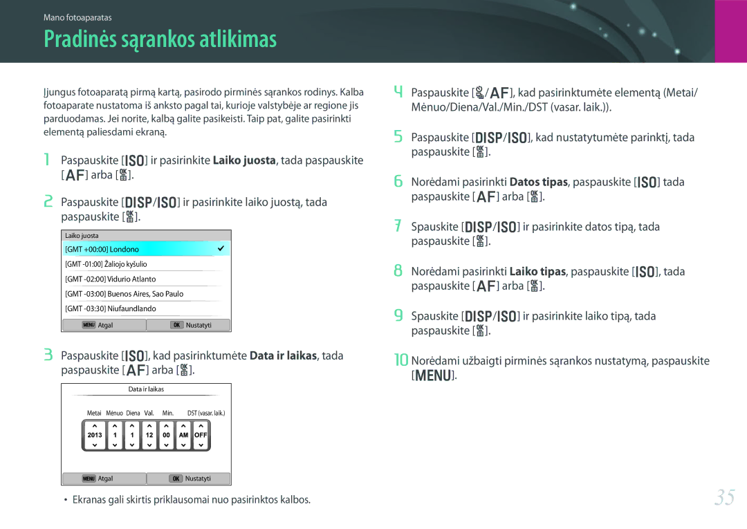 Samsung EV-NX300ZBQUDE, EV-NX300ZBQULV, EV-NX300ZBSTLV, EV-NX300ZBPULV manual Pradinės sąrankos atlikimas 