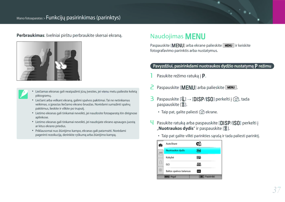 Samsung EV-NX300ZBSTLV, EV-NX300ZBQUDE manual Naudojimas m, Perbraukimas švelniai pirštu perbraukite skersai ekraną 