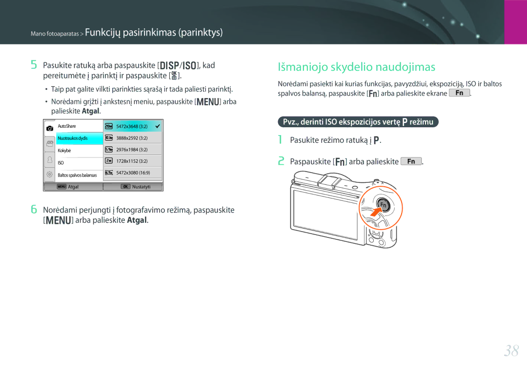 Samsung EV-NX300ZBPULV, EV-NX300ZBQUDE manual Išmaniojo skydelio naudojimas, Pvz., derinti ISO ekspozicijos vertę P režimu 