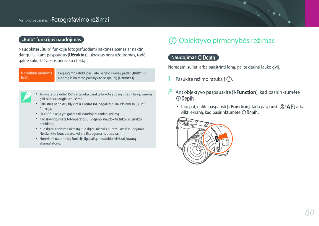 Samsung EV-NX300ZBQULV, EV-NX300ZBQUDE manual Objektyvo pirmenybės režimas, „Bulb funkcijos naudojimas, Naudojimas E 