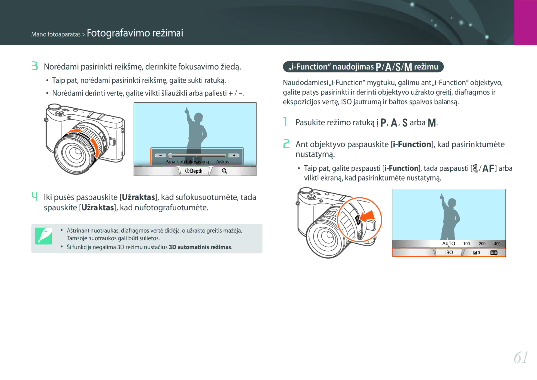 Samsung EV-NX300ZBSTLV Norėdami pasirinkti reikšmę, derinkite fokusavimo žiedą, „i-Function naudojimas P/A/S/M režimu 