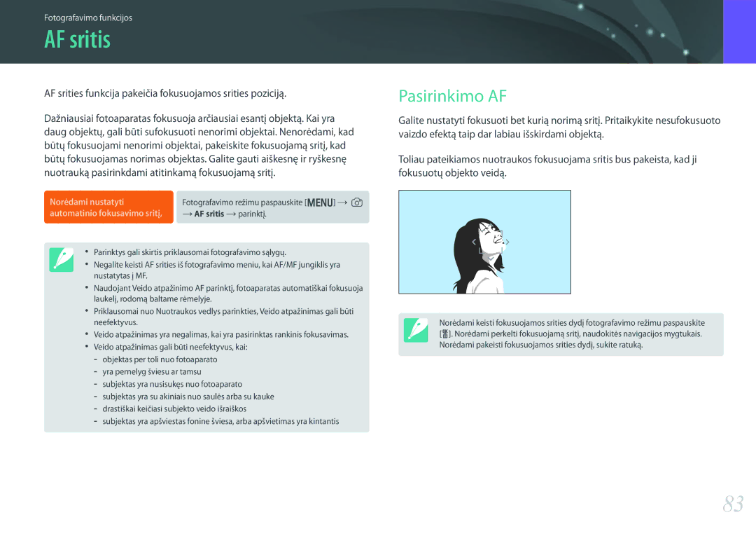 Samsung EV-NX300ZBQUDE manual AF sritis, Pasirinkimo AF, AF srities funkcija pakeičia fokusuojamos srities poziciją 