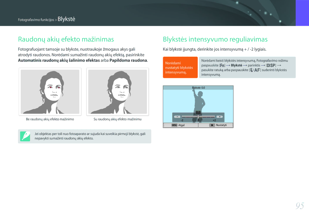 Samsung EV-NX300ZBQUDE, EV-NX300ZBQULV, EV-NX300ZBSTLV Raudonų akių efekto mažinimas, Blykstės intensyvumo reguliavimas 