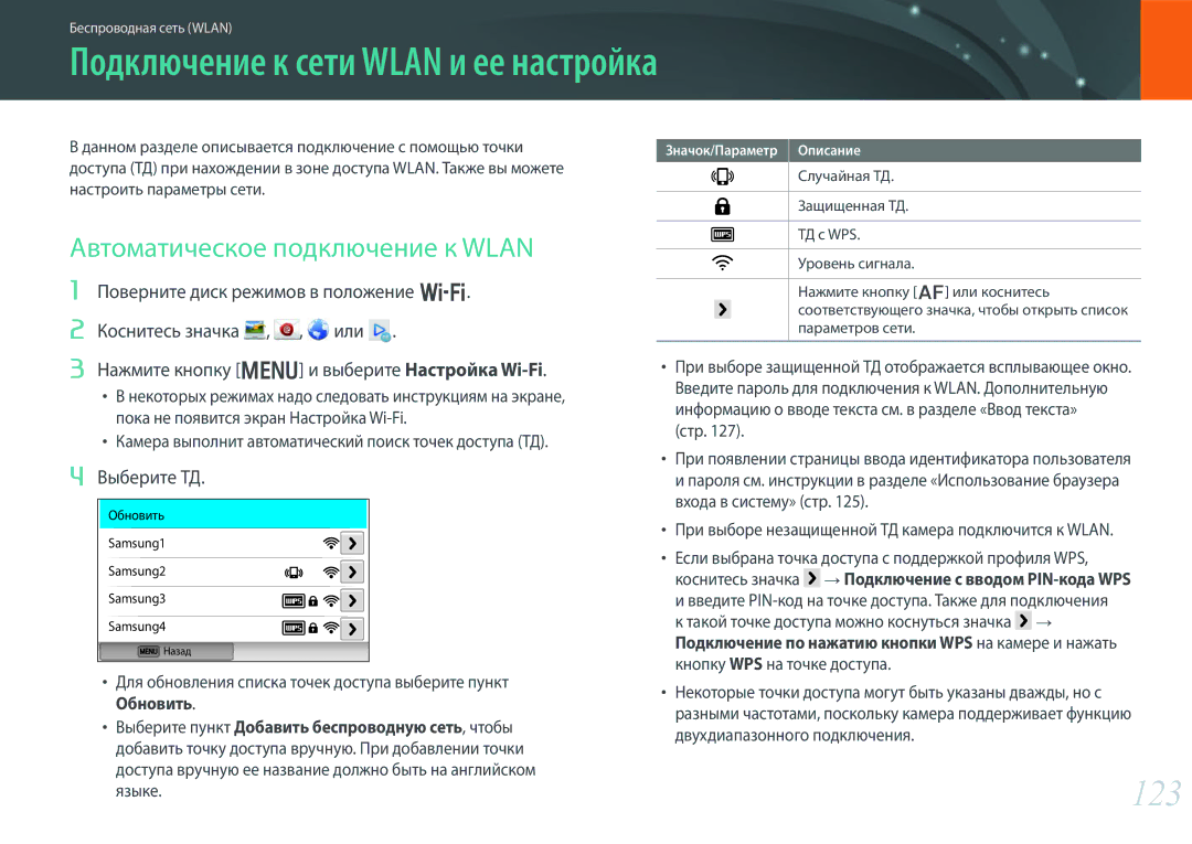 Samsung EV-NX300ZBQURU, EV-NX300ZBQUDE manual Подключение к сети Wlan и ее настройка, 123, Автоматическое подключение к Wlan 