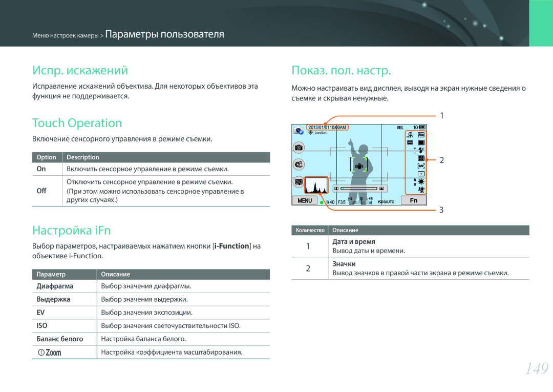 Samsung EV-NX300ZBSTRU, EV-NX300ZBQUDE manual 149, Испр. искажений, Touch Operation, Настройка iFn, Показ. пол. настр 