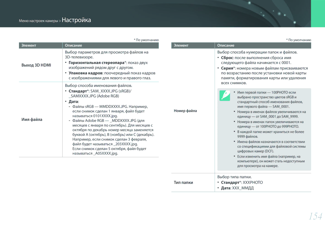 Samsung EV-NX300ZBSTKZ, EV-NX300ZBQUDE manual 154, Выход 3D Hdmi Горизонтальная стереопара* показ двух, Имя файла, Тип папки 