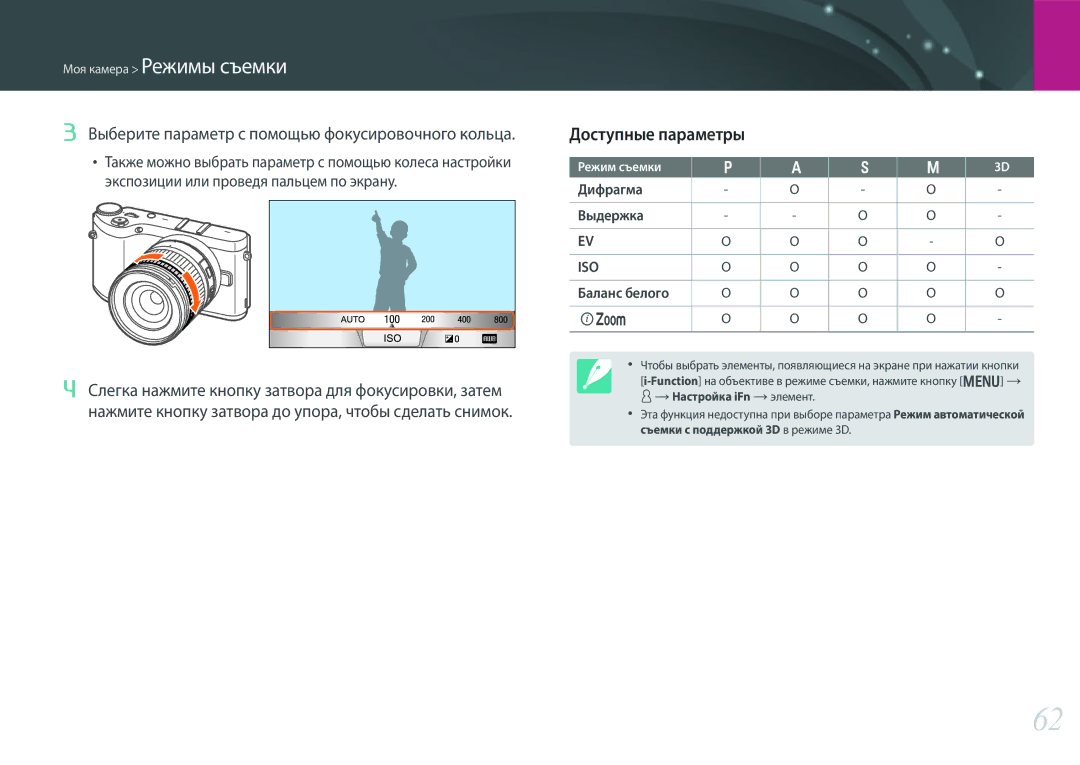 Samsung EV-NX300ZBPULV manual Доступные параметры, Выберите параметр с помощью фокусировочного кольца, Дифрагма Выдержка 