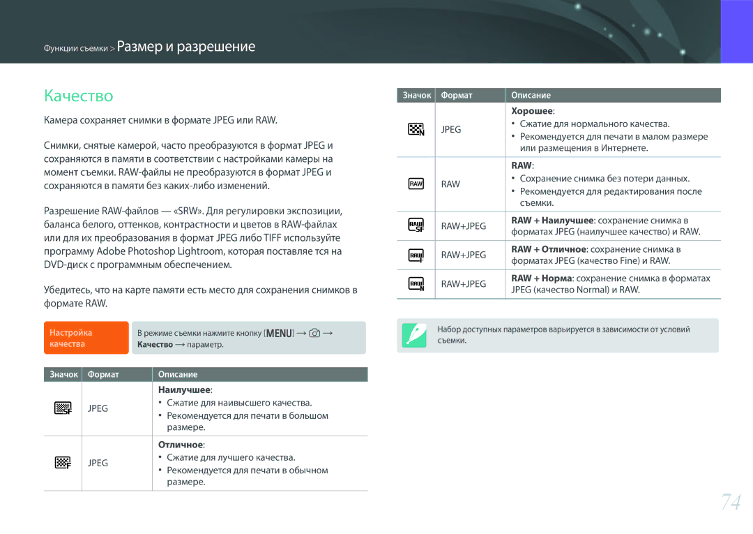 Samsung EV-NX300ZBPULV manual Качество, Камера сохраняет снимки в формате Jpeg или RAW, Наилучшее, Отличное, Хорошее 