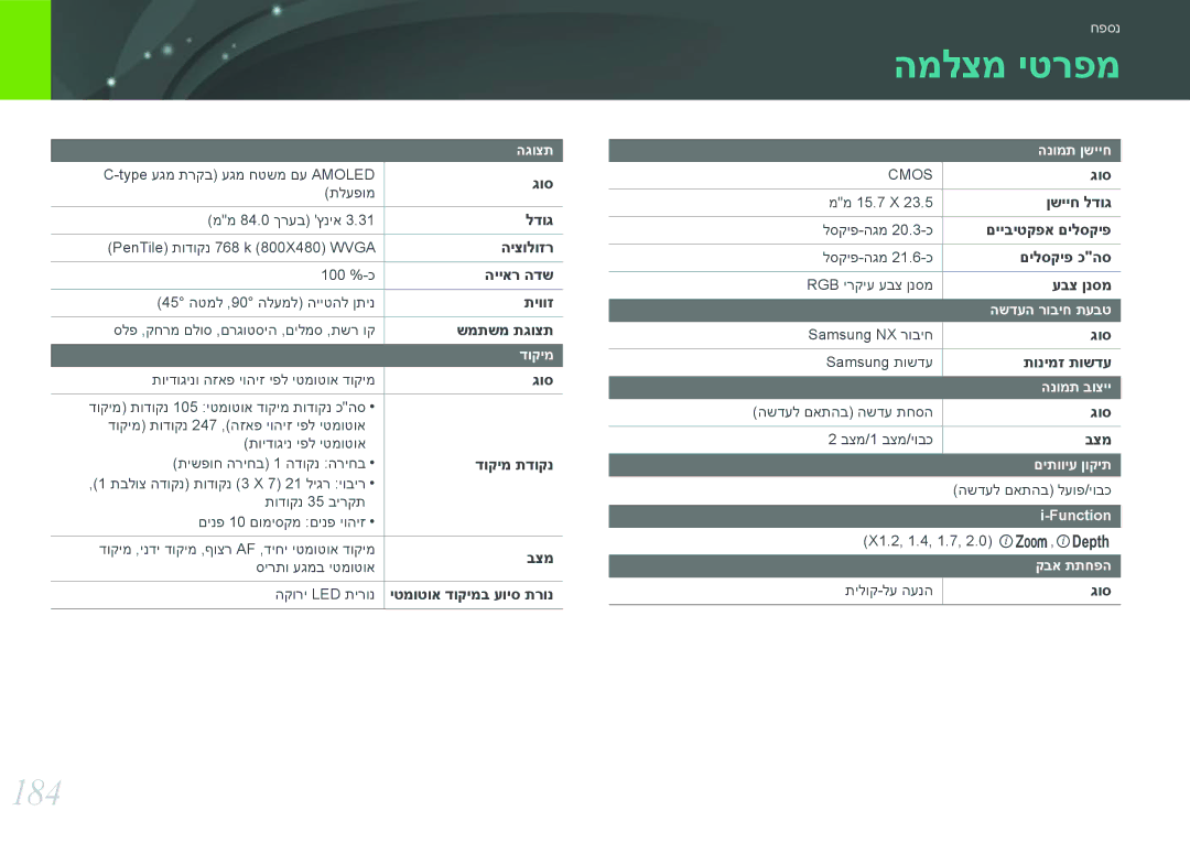 Samsung EV-NX300ZBQUIL, EV-NX300ZBSVIL, EV-NX300ZBYUFR, EV-NX300ZBSTIL, EV-NX300ZBPUIL manual המלצמ יטרפמ, 184 