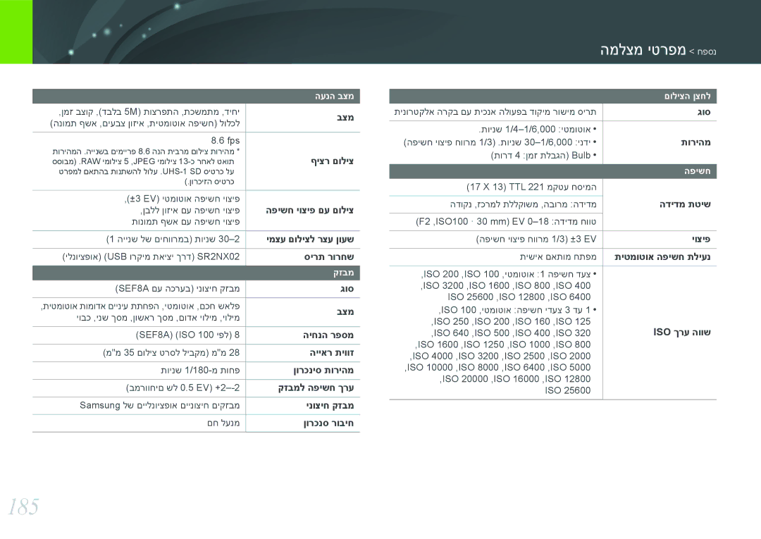 Samsung EV-NX300ZBSVIL, EV-NX300ZBQUIL, EV-NX300ZBYUFR, EV-NX300ZBSTIL, EV-NX300ZBPUIL manual 185 