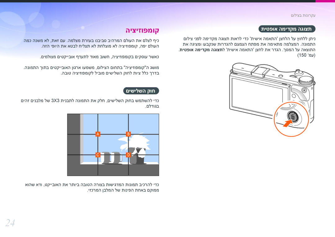 Samsung EV-NX300ZBQUIL, EV-NX300ZBSVIL, EV-NX300ZBYUFR, EV-NX300ZBSTIL, EV-NX300ZBPUIL manual םישילשה קוח, תיטפוא המידקמ הגוצת 