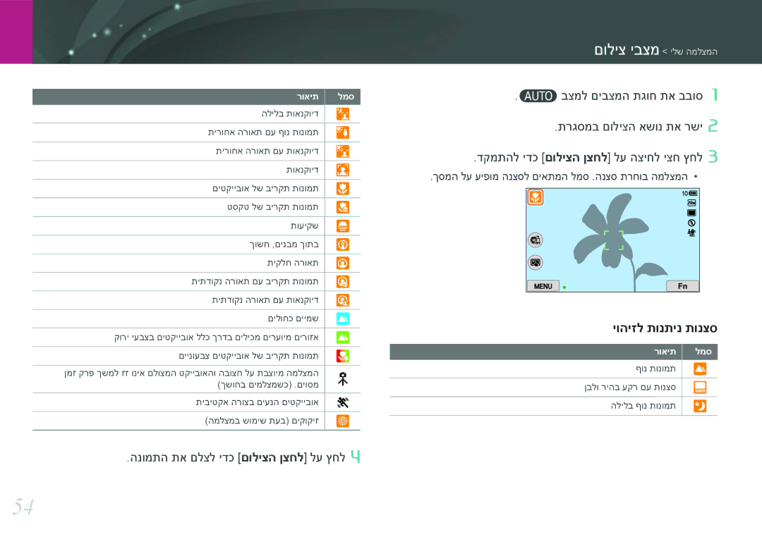 Samsung EV-NX300ZBQUIL, EV-NX300ZBSVIL, EV-NX300ZBYUFR, EV-NX300ZBSTIL, EV-NX300ZBPUIL הנומתה תא םלצל ידכ םוליצה ןצחל לע ץחל 