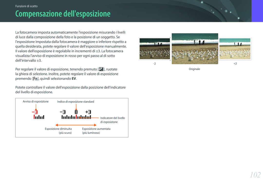 Samsung EV-NX300ZBSTIT, EV-NX300ZBQUIT manual Compensazione dellesposizione, 102 