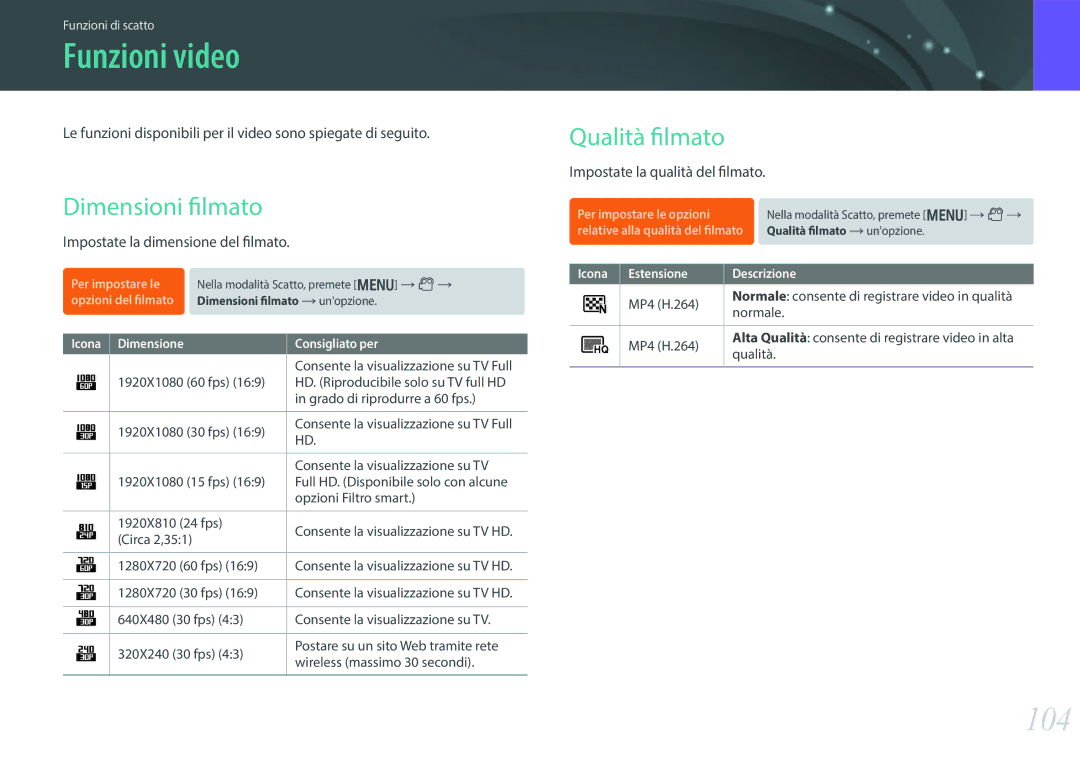 Samsung EV-NX300ZBSTIT Funzioni video, 104, Dimensioni filmato, Qualità filmato, Consente la visualizzazione su TV Full 