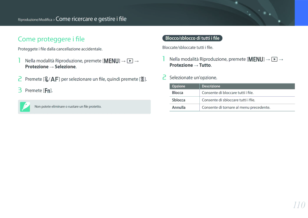 Samsung EV-NX300ZBSTIT, EV-NX300ZBQUIT manual 110, Come proteggere i file, Blocco/sblocco di tutti i file 