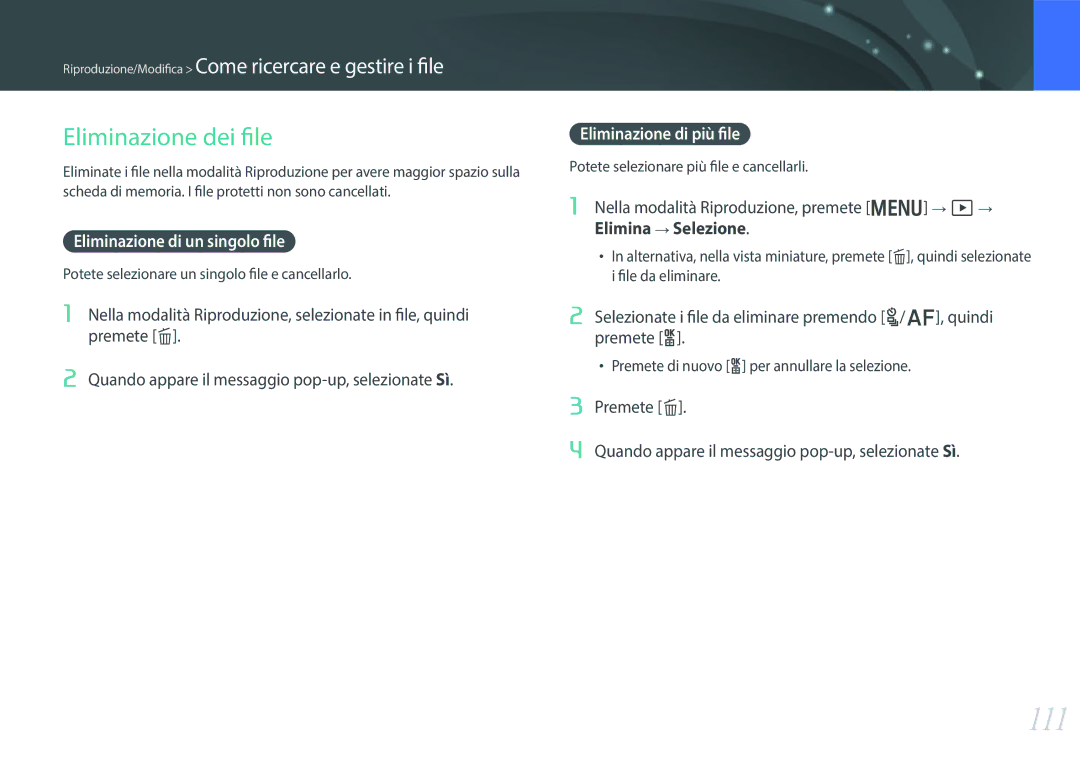 Samsung EV-NX300ZBQUIT manual 111, Eliminazione dei file, Eliminazione di un singolo file, Eliminazione di più file 