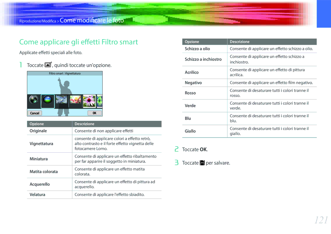 Samsung EV-NX300ZBQUIT, EV-NX300ZBSTIT 121, Come applicare gli effetti Filtro smart, Toccate , quindi toccate unopzione 