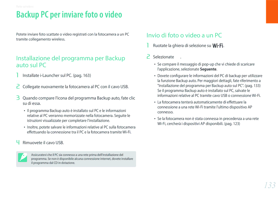 Samsung EV-NX300ZBQUIT manual 133, Installazione del programma per Backup auto sul PC, Invio di foto o video a un PC 