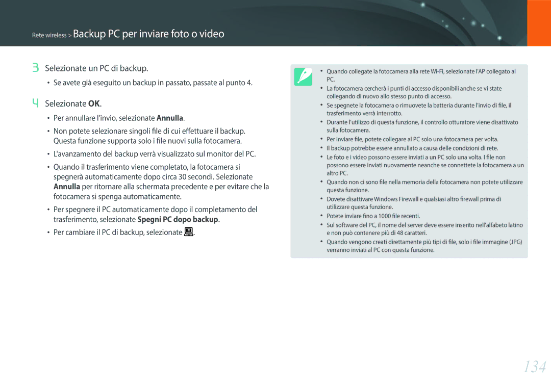 Samsung EV-NX300ZBSTIT, EV-NX300ZBQUIT manual 134, Selezionate un PC di backup, Selezionate OK 