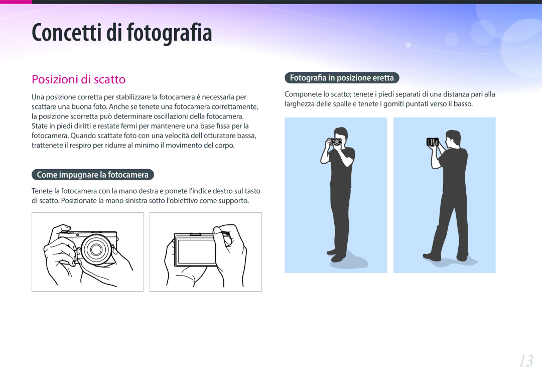 Samsung EV-NX300ZBQUIT, EV-NX300ZBSTIT manual Come impugnare la fotocamera, Fotografia in posizione eretta 