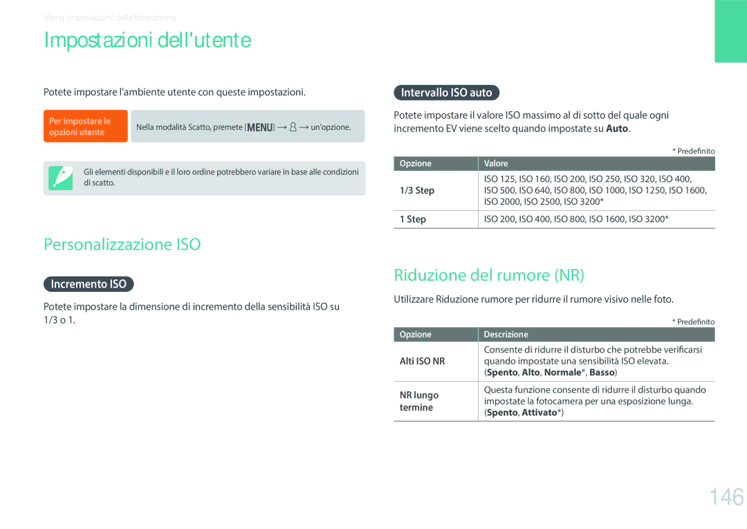 Samsung EV-NX300ZBSTIT, EV-NX300ZBQUIT manual Impostazioni dellutente, 146, Personalizzazione ISO, Riduzione del rumore NR 