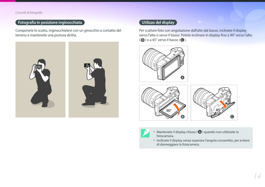 Samsung EV-NX300ZBSTIT, EV-NX300ZBQUIT manual Fotografia in posizione inginocchiata, Utilizzo del display 