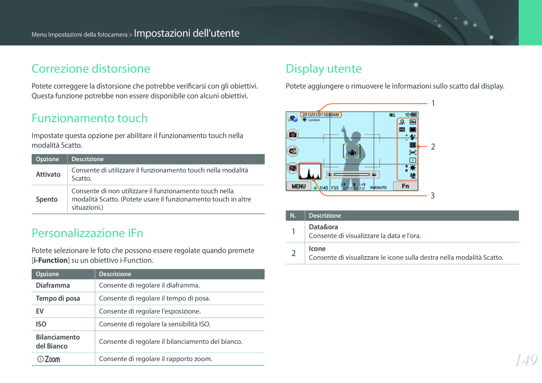 Samsung EV-NX300ZBQUIT manual 149, Correzione distorsione, Funzionamento touch, Personalizzazione iFn, Display utente 