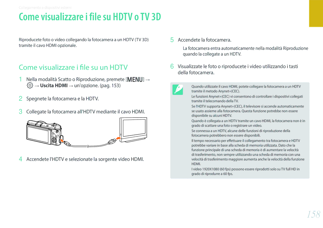 Samsung EV-NX300ZBSTIT, EV-NX300ZBQUIT Come visualizzare i file su Hdtv o TV 3D, 158, Come visualizzare i file su un Hdtv 