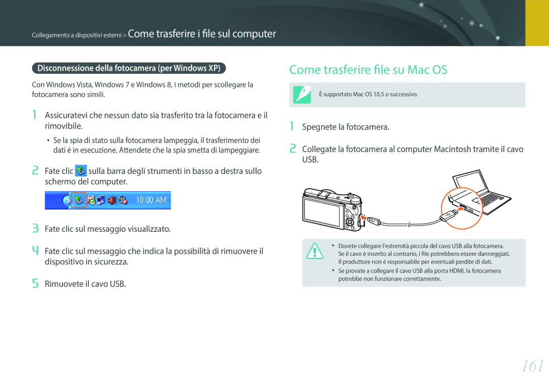 Samsung EV-NX300ZBQUIT, EV-NX300ZBSTIT 161, Come trasferire file su Mac OS, Disconnessione della fotocamera per Windows XP 