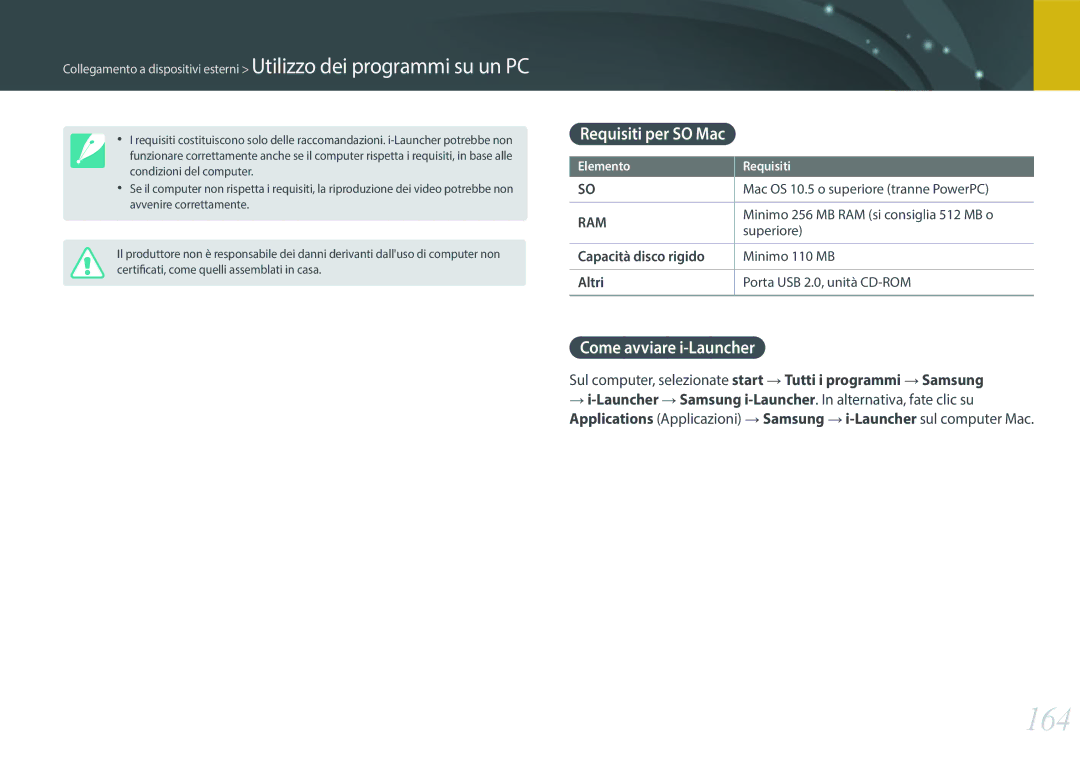 Samsung EV-NX300ZBSTIT, EV-NX300ZBQUIT manual 164, Requisiti per SO Mac, Come avviare i-Launcher, Capacità disco rigido 